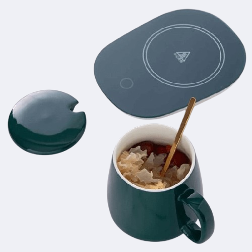 Portable coffee ceramic mug set with warming coaster
